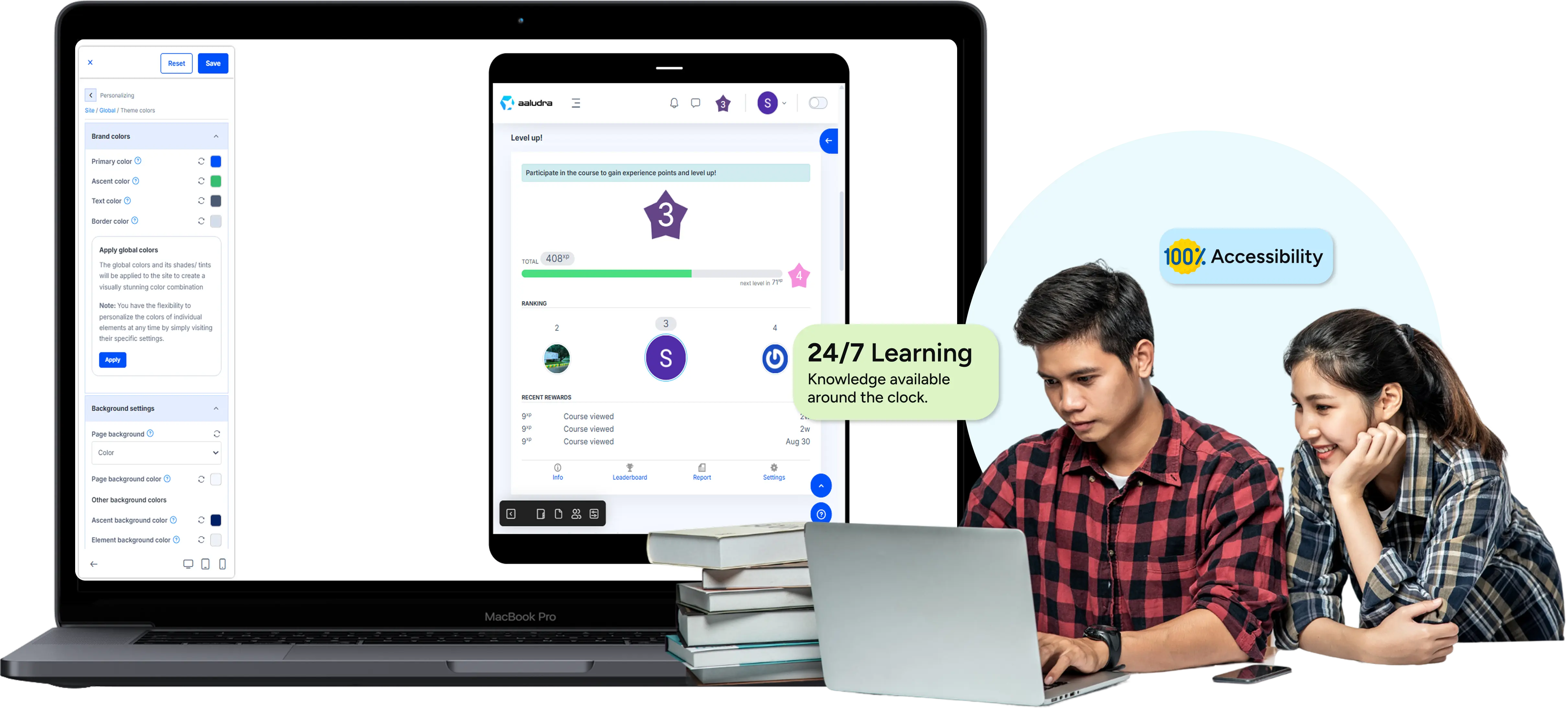 atLearn Dashboard showing Learning Management System with 24/7 learning support and 100% accessibility features