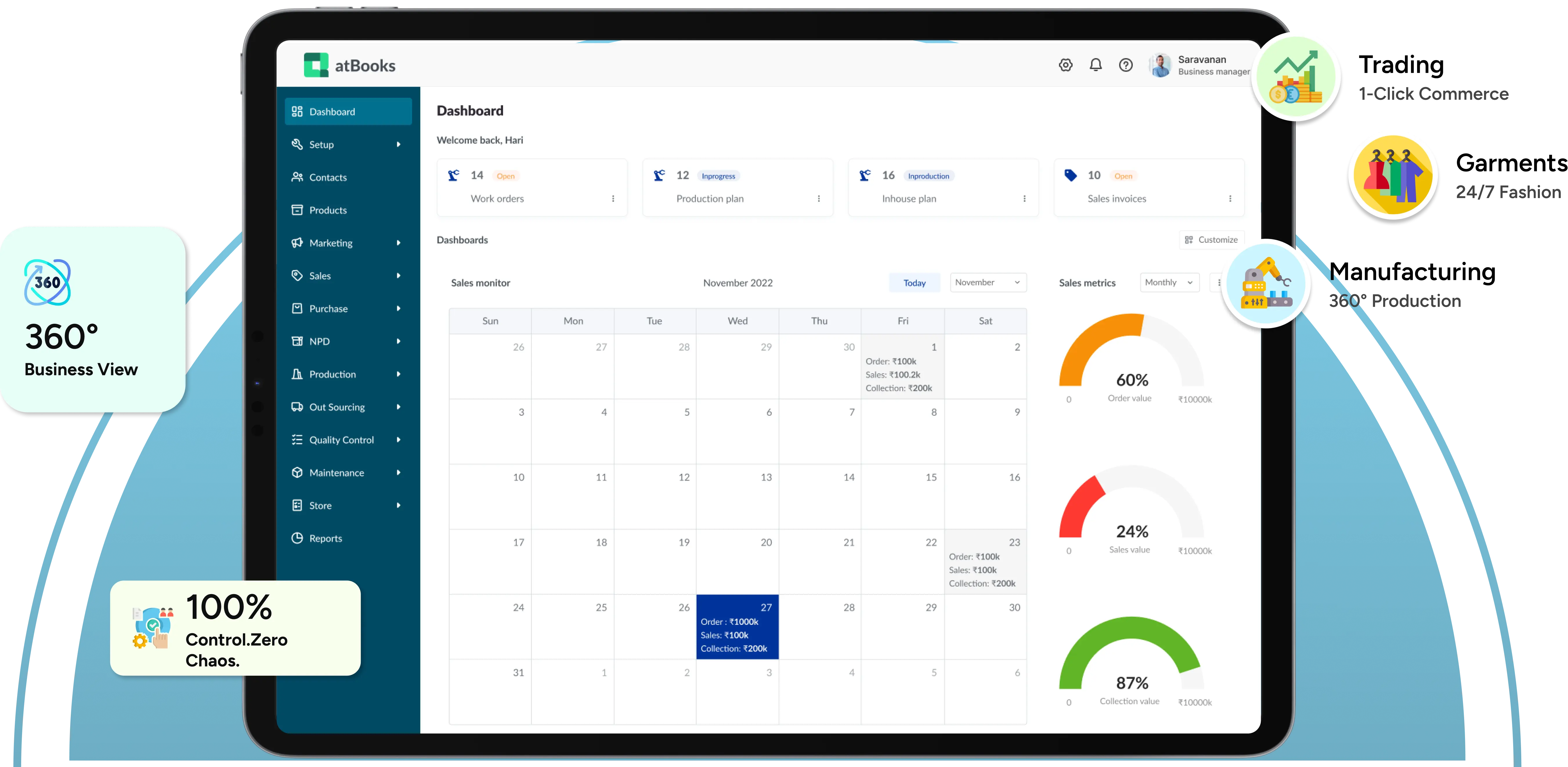 atBooks Dashboard Preview showing comprehensive business management features including Trading, Garments, Manufacturing modules with 360° business view